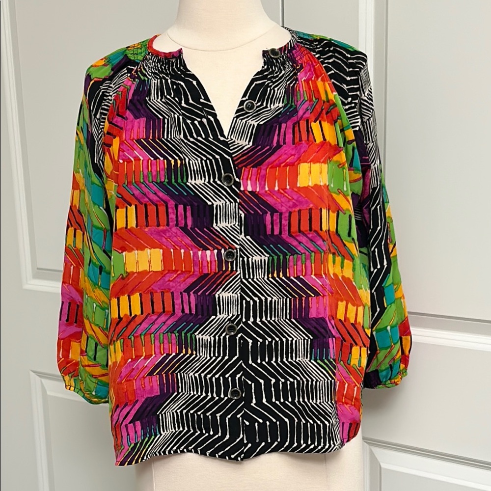 TUCKER roomy XS Silk Smock Neck 3/4 Slv 100% silk Colorful Blouse Top 47”B